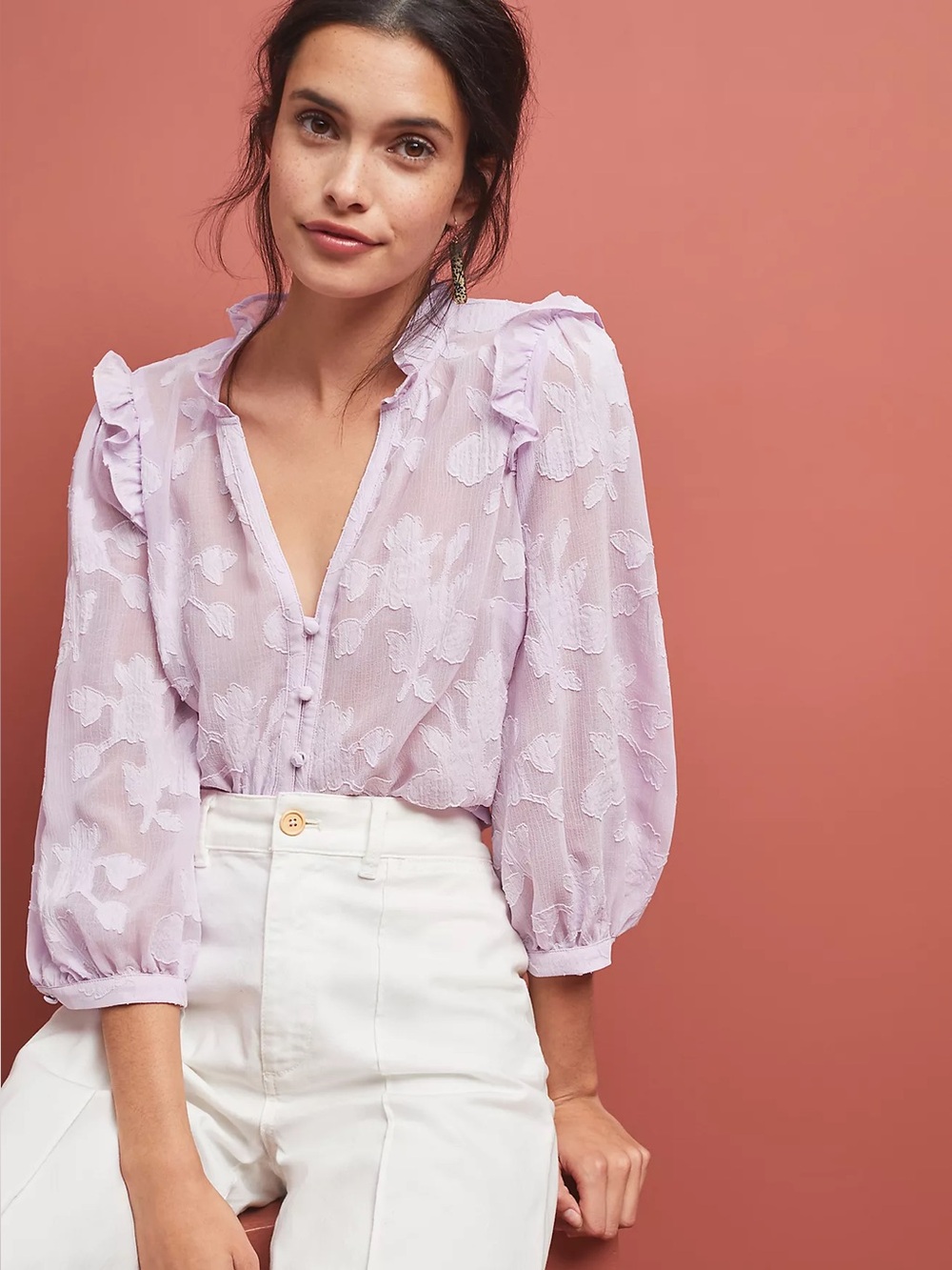 Anthropologie Maeve Mallory Lace Blouse Lilac Purple Ruffle Top S